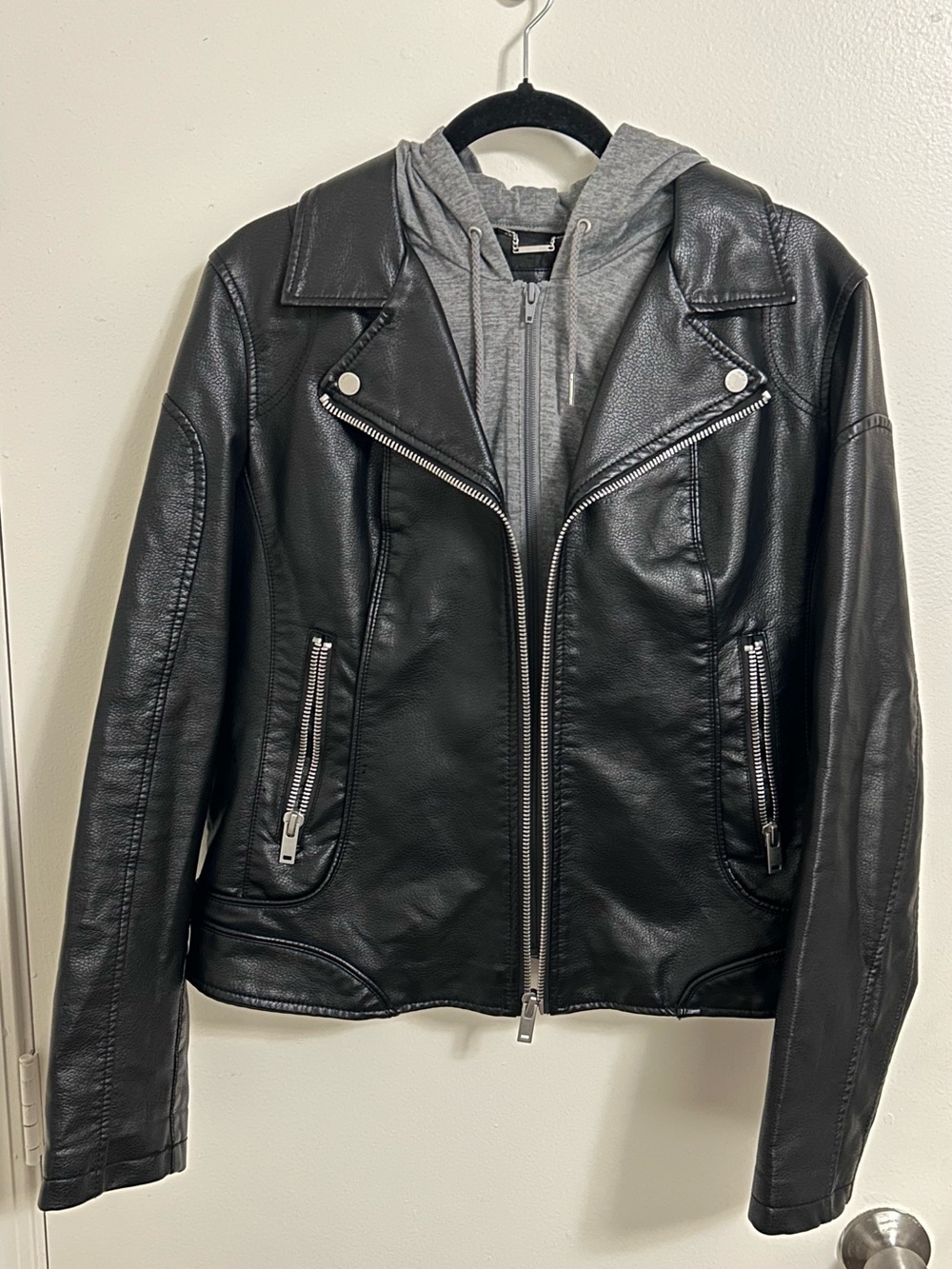 Black Rivet Black Faux Leather Moto Jacket with Gray Hooded Insert